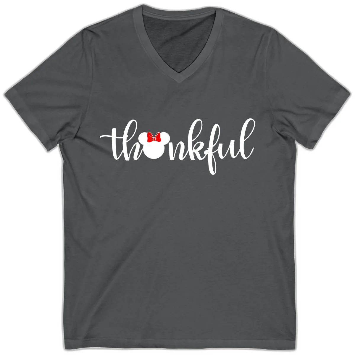Minnie Mouse Thankful Typography V-Neck in Asphalt