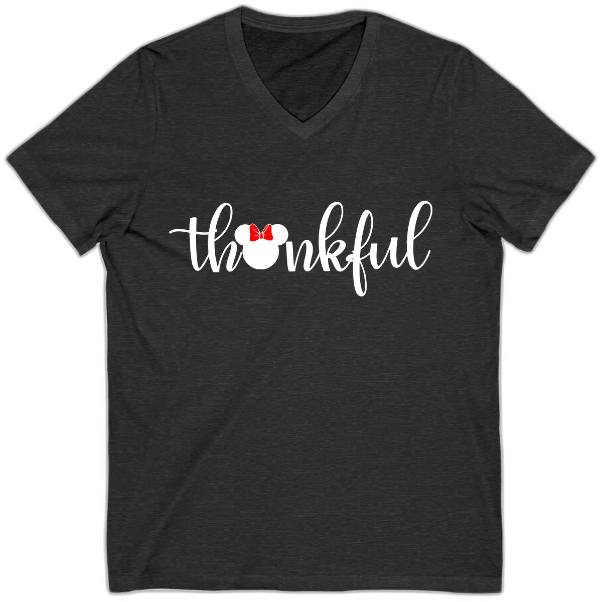 Minnie Mouse Thankful Typography V-Neck in Dark Grey Heather
