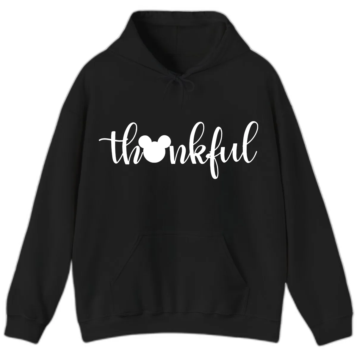 Mickey Head Thankful Script Hoodie in Black