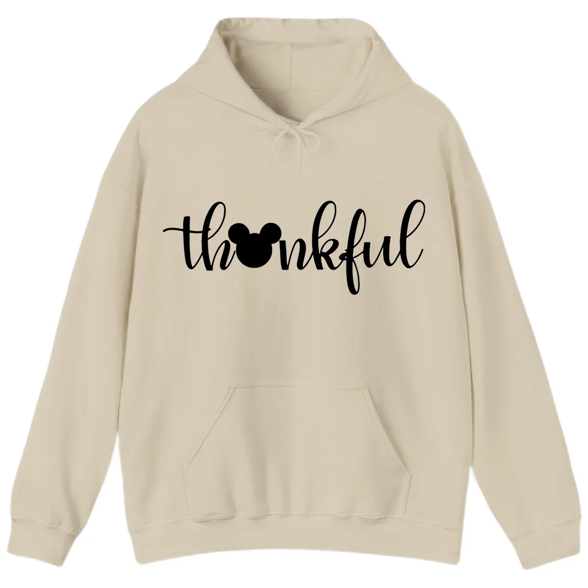 Mickey Head Thankful Script Hoodie in Sand
