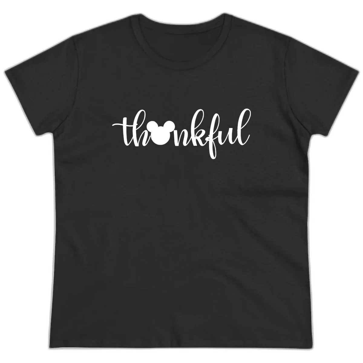 Mickey Head Thankful Script Ladies Tee in Black