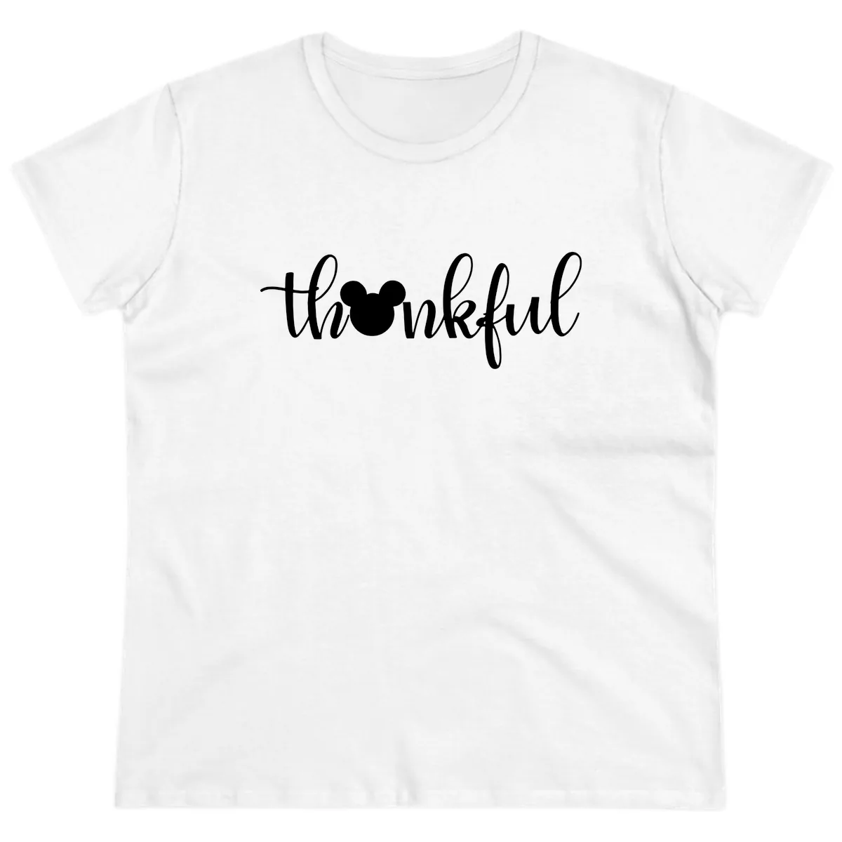 Mickey Head Thankful Script Ladies Tee in White