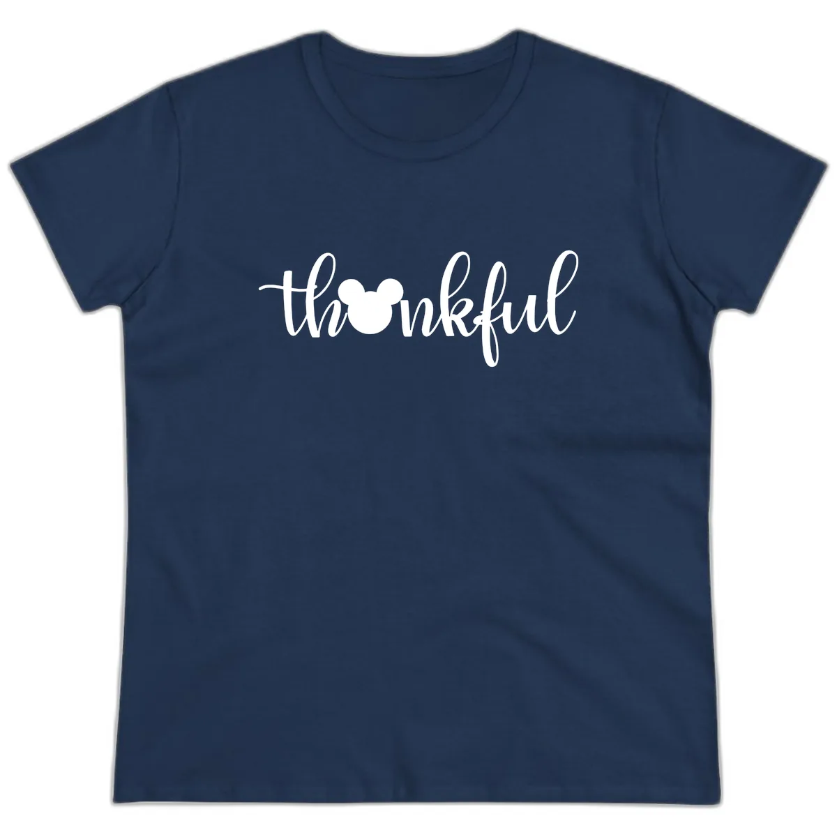 Mickey Head Thankful Script Ladies Tee in Navy