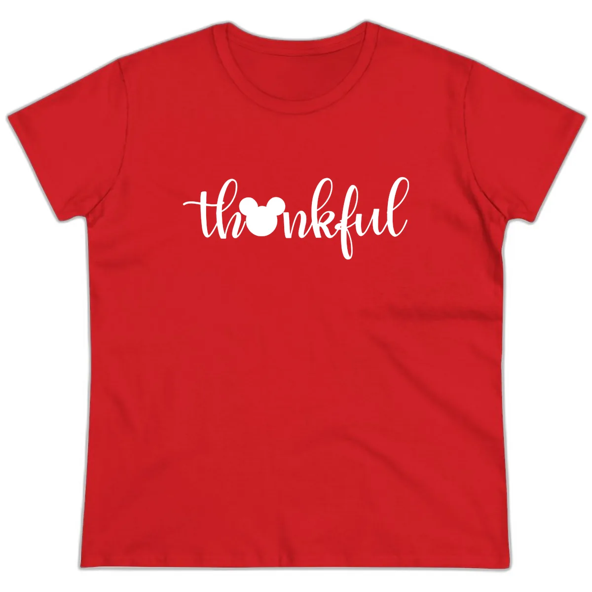 Mickey Head Thankful Script Ladies Tee in Red