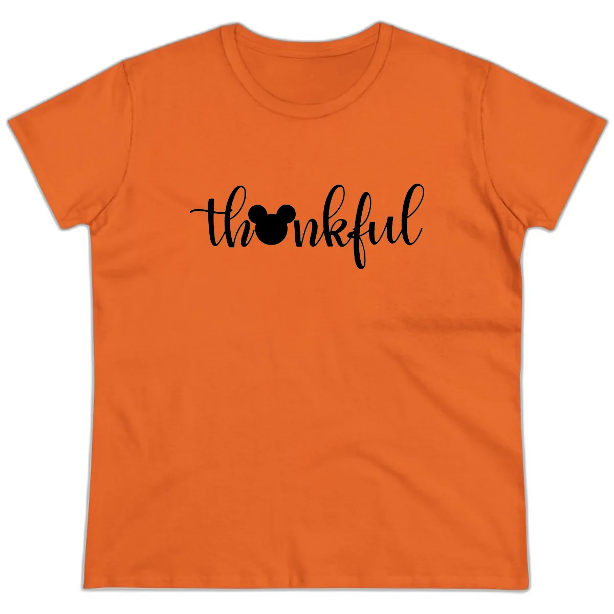 Mickey Head Thankful Script Ladies Tee in Orange