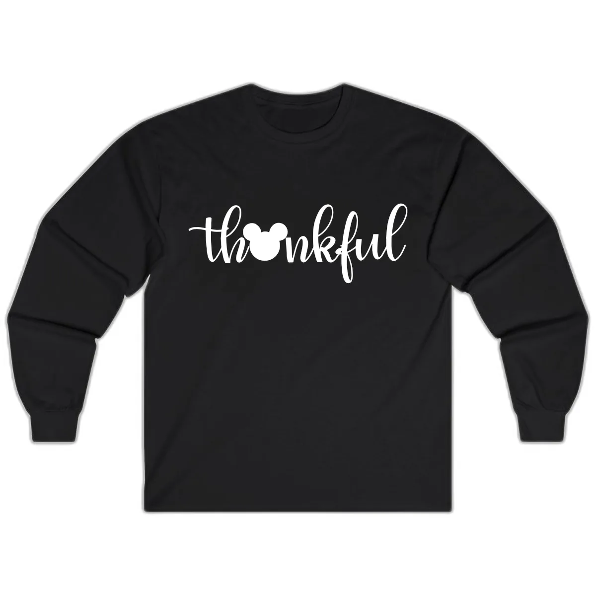 Mickey Head Thankful Script Long Sleeve in Black