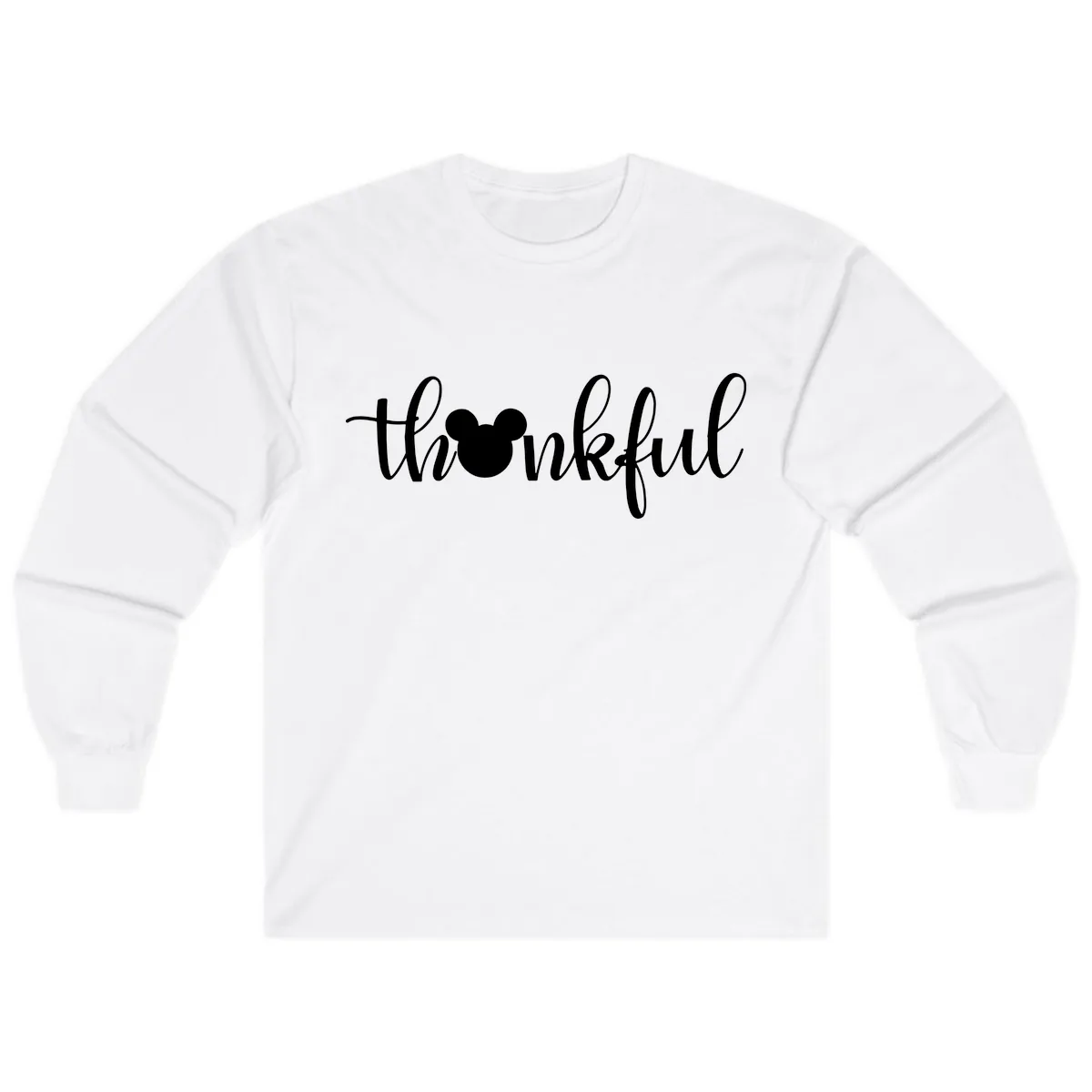Mickey Head Thankful Script Long Sleeve in White