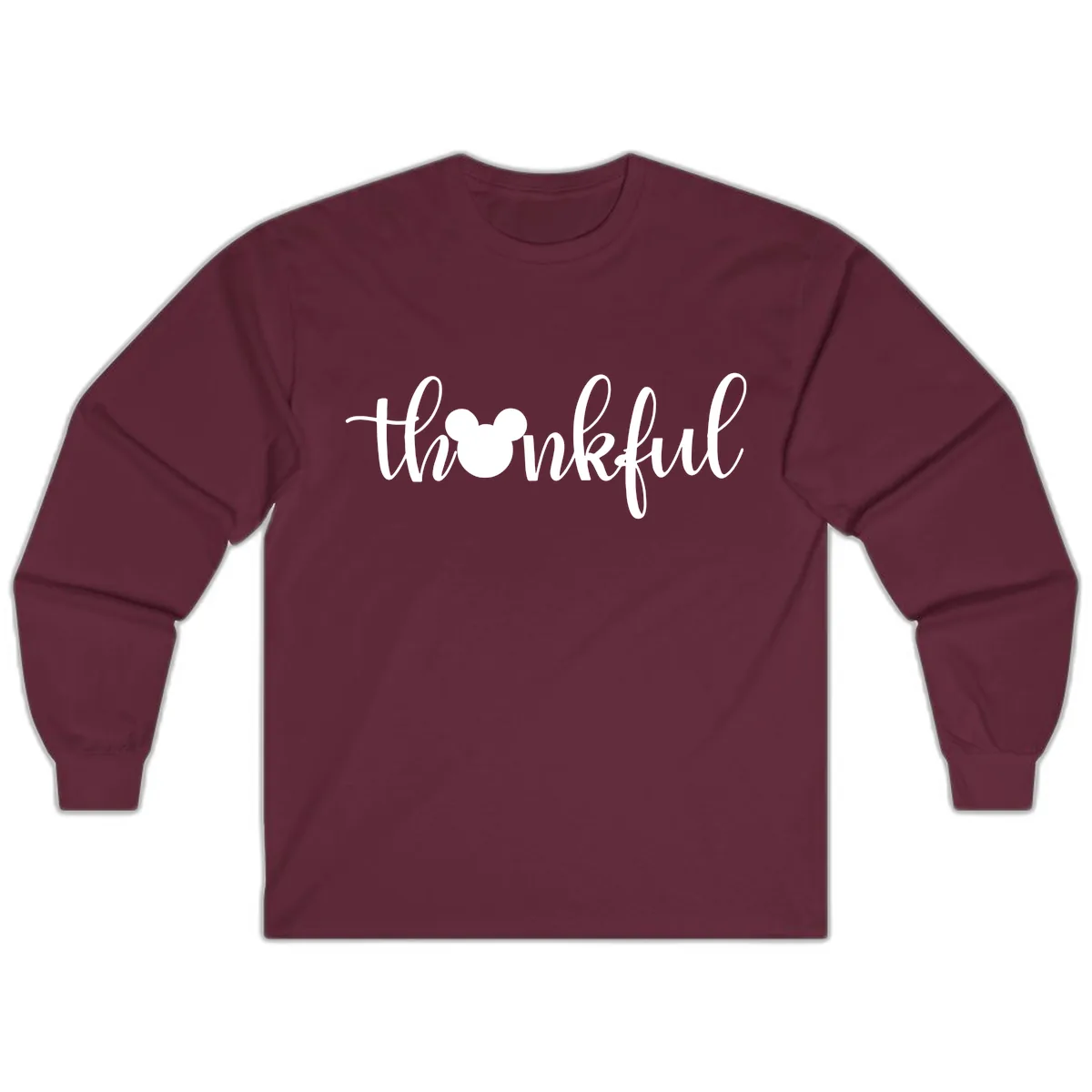 Mickey Head Thankful Script Long Sleeve in Maroon