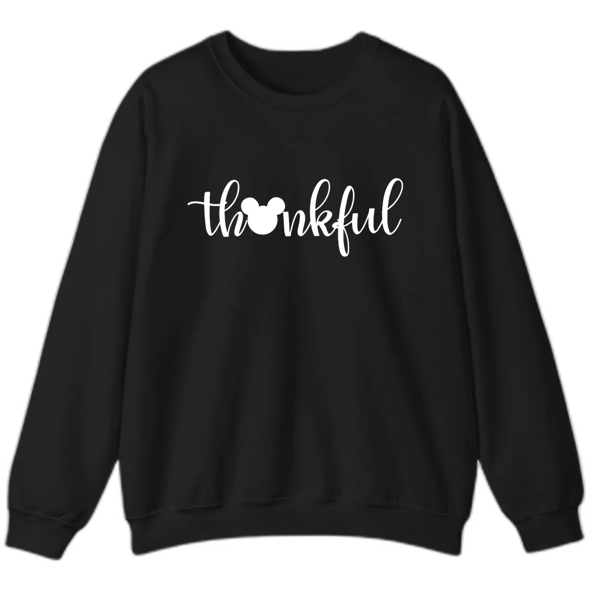 Mickey Head Thankful Script Sweatshirt in Black