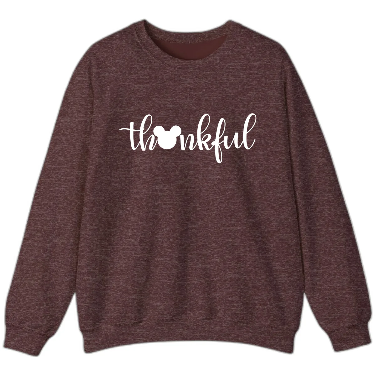 Mickey Head Thankful Script Sweatshirt in Heather Sport Dark Maroon