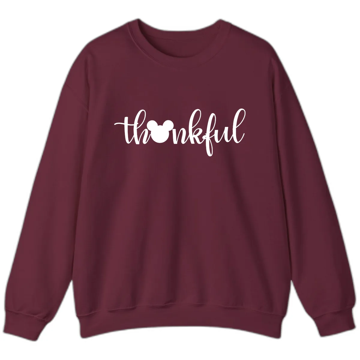 Mickey Head Thankful Script Sweatshirt in Maroon