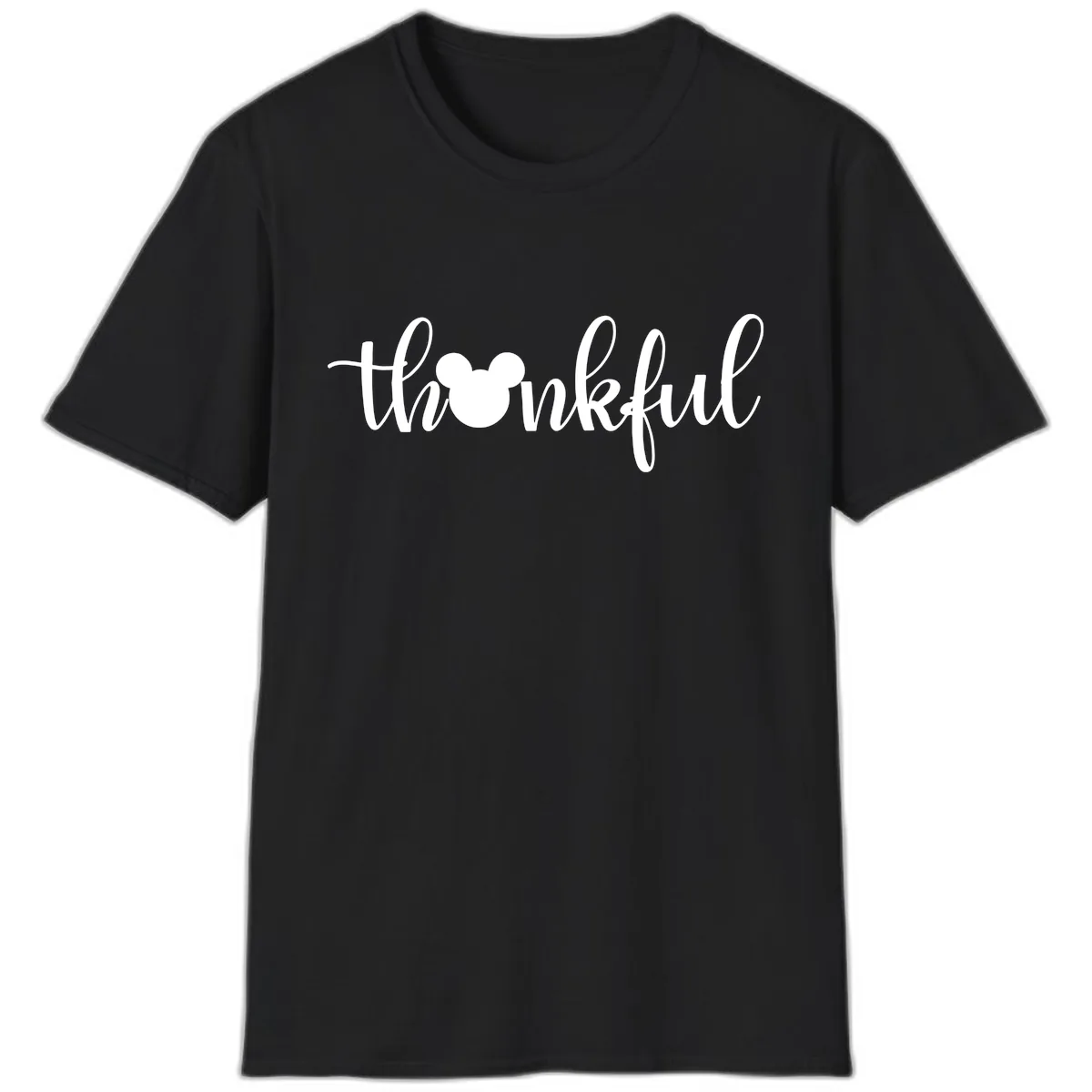 Mickey Head Thankful Script T-Shirt in Black
