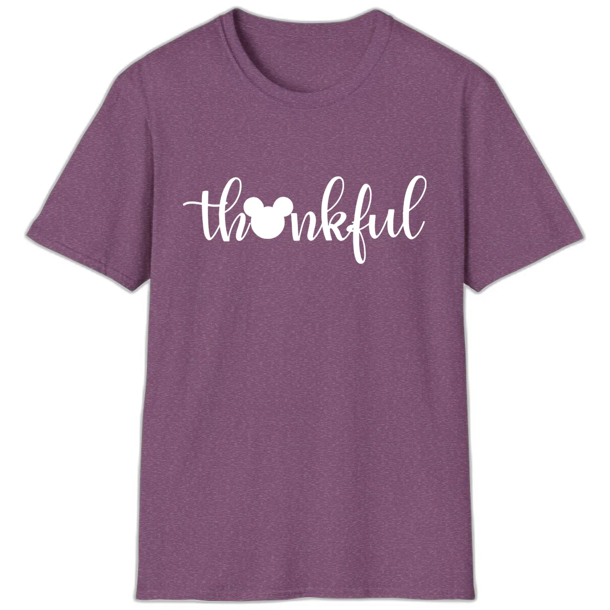 Mickey Head Thankful Script T-Shirt in Heather Maroon