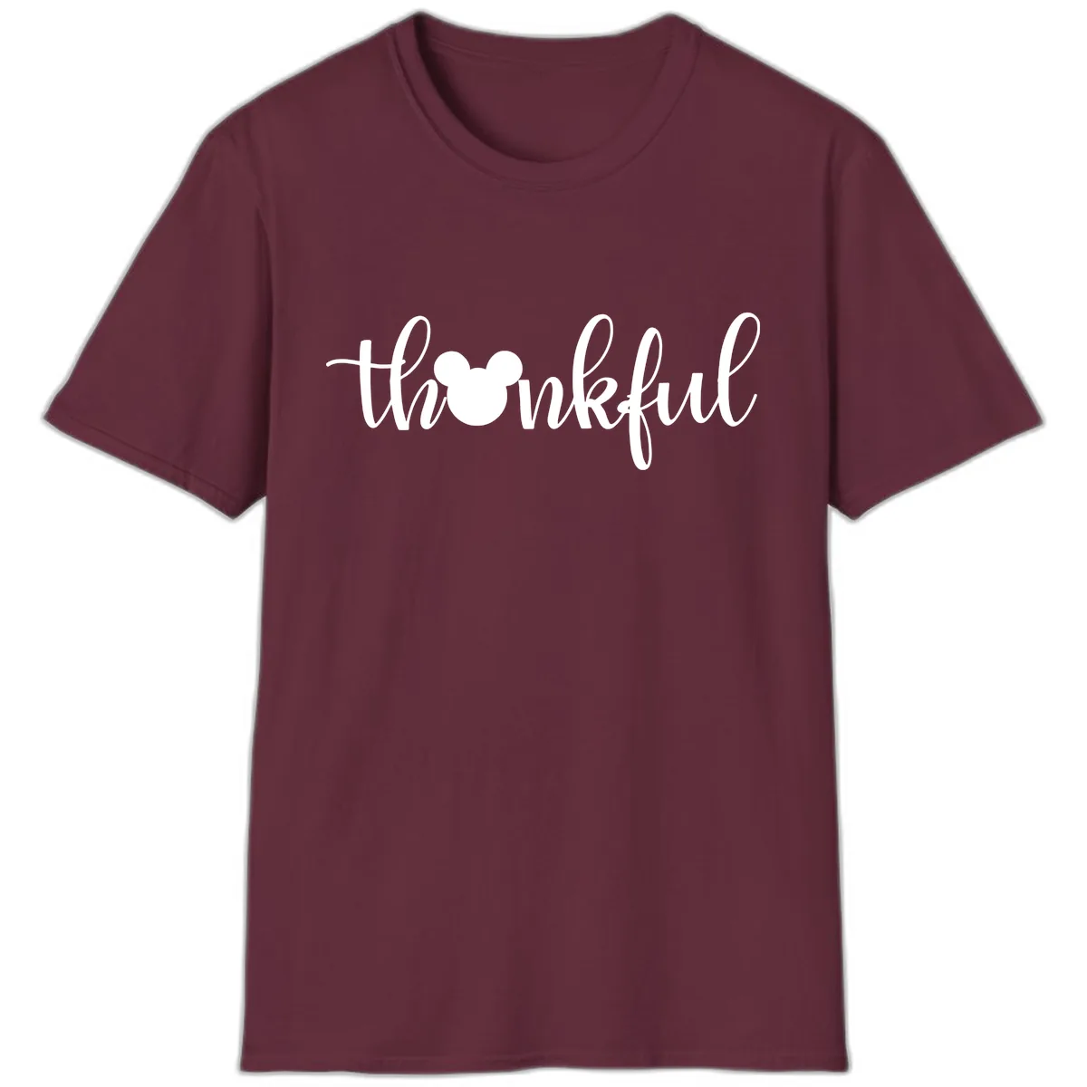 Mickey Head Thankful Script T-Shirt in Maroon