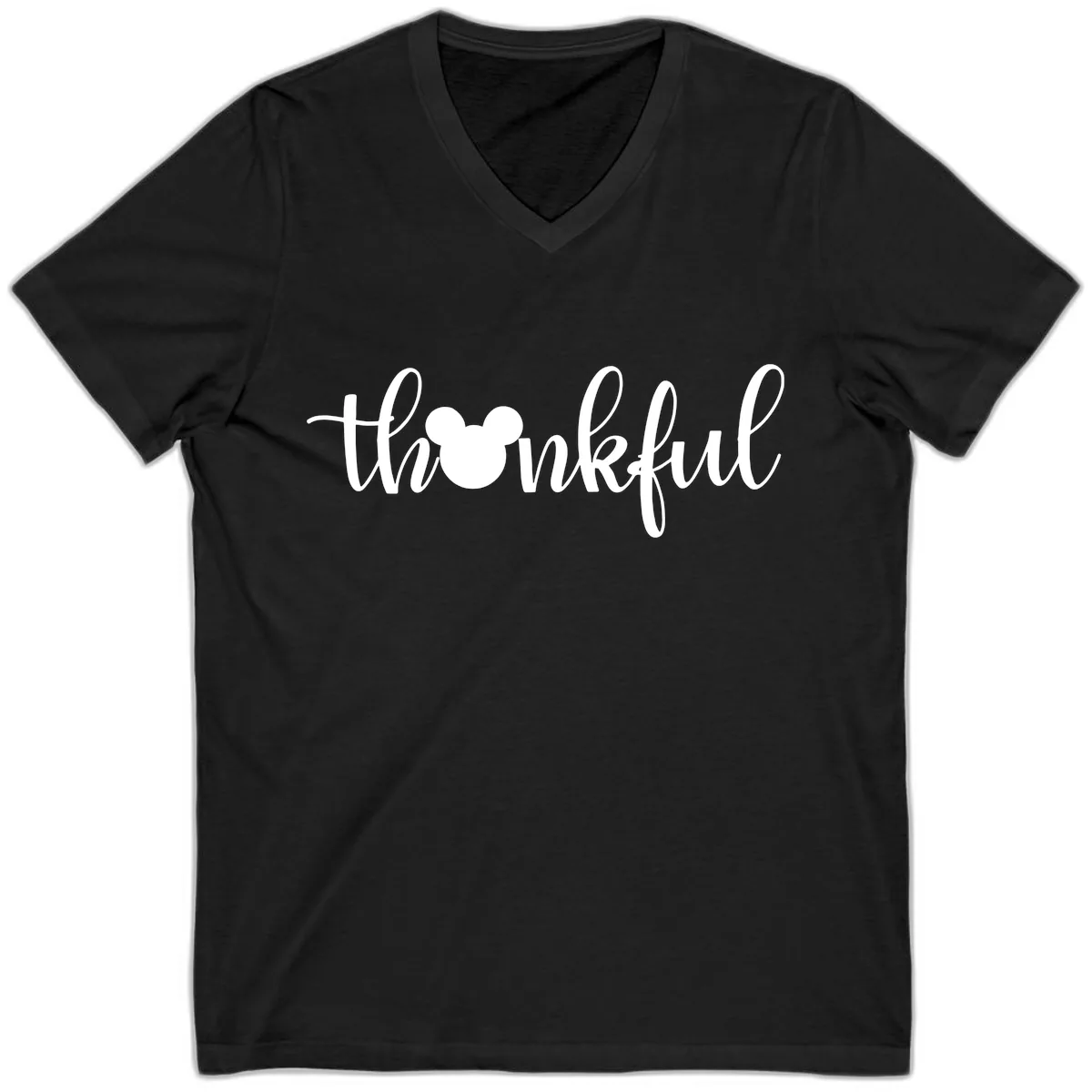 Mickey Head Thankful Script V-Neck in Black