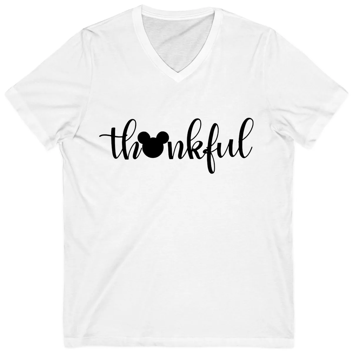 Mickey Head Thankful Script V-Neck in White