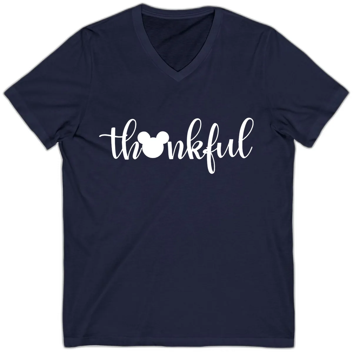 Mickey Head Thankful Script V-Neck in Navy
