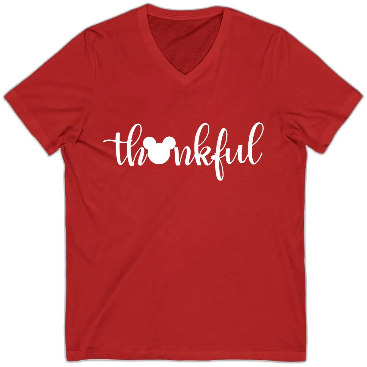 Mickey Head Thankful Script V-Neck in Red