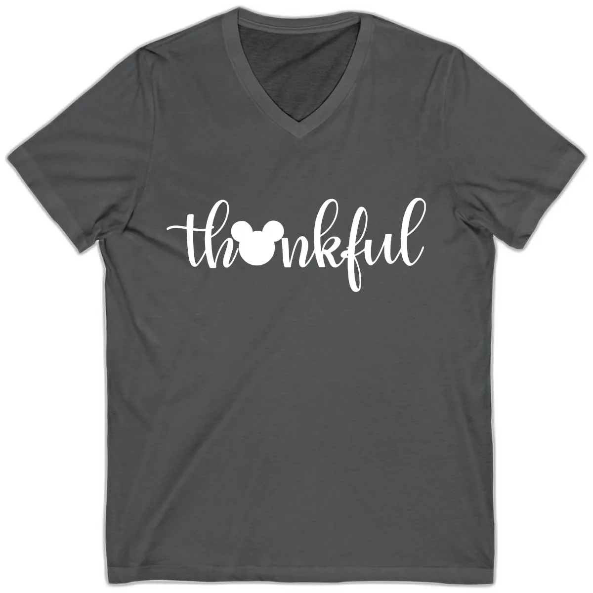 Mickey Head Thankful Script V-Neck in Asphalt