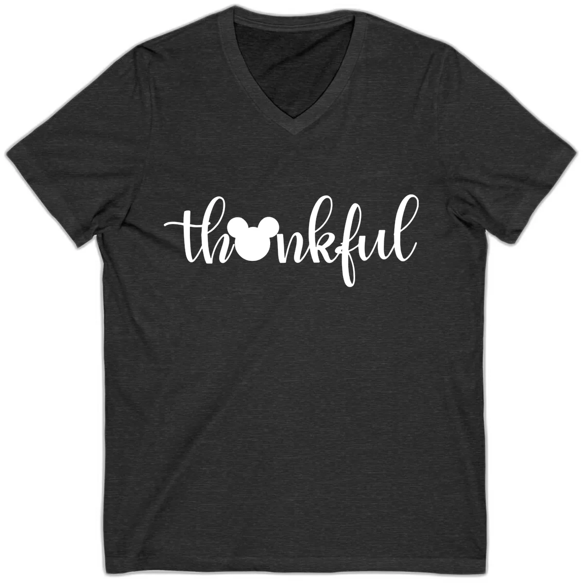 Mickey Head Thankful Script V-Neck in Dark Grey Heather