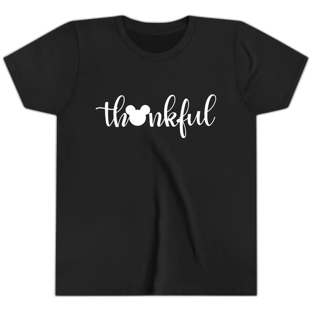 Mickey Head Thankful Script Youth T-Shirt in Black