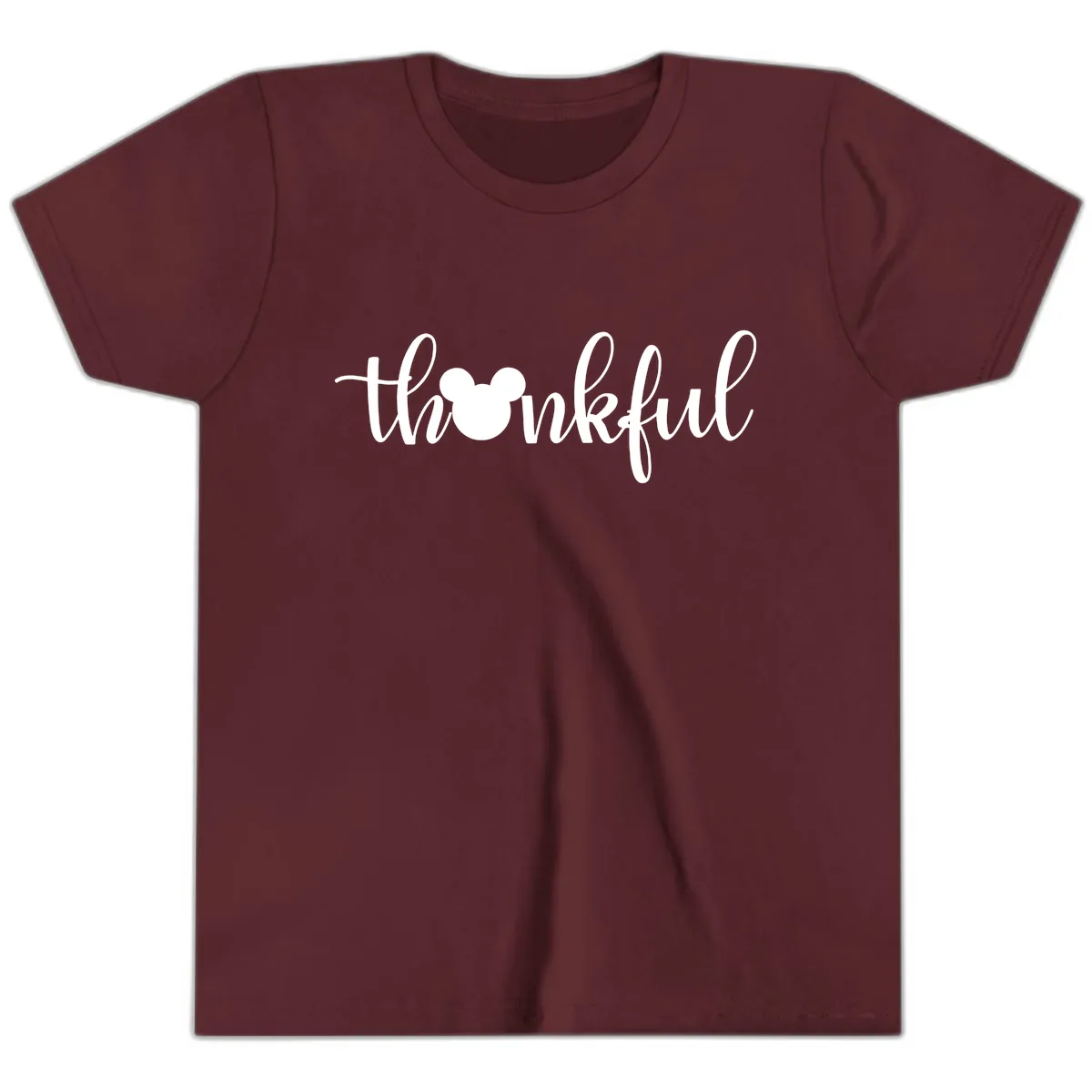 Mickey Head Thankful Script Youth T-Shirt in Maroon