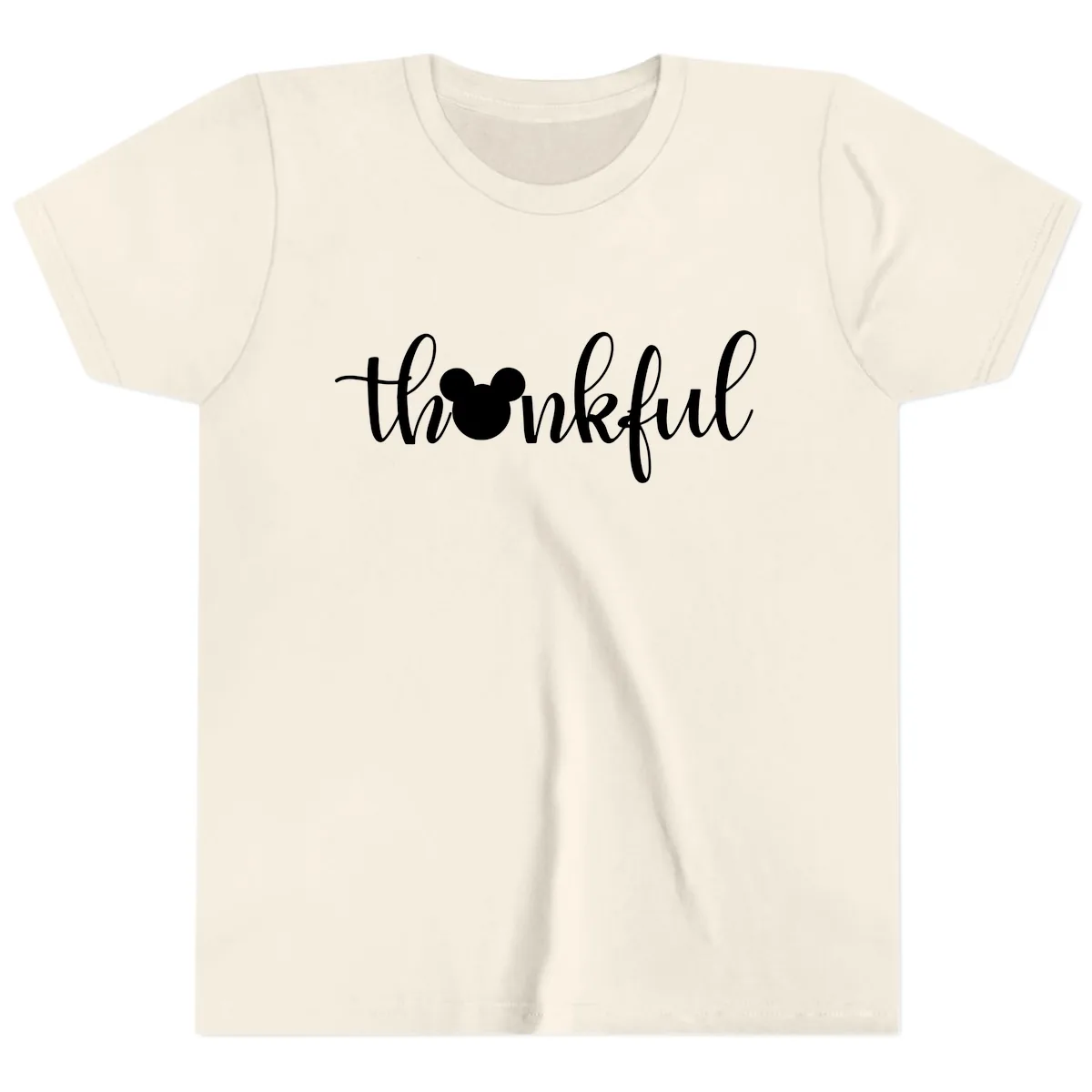 Mickey Head Thankful Script Youth T-Shirt in Natural