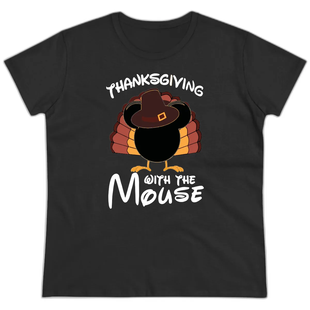Thanksgiving With The Mouse Turkey Design Ladies Tee in Black
