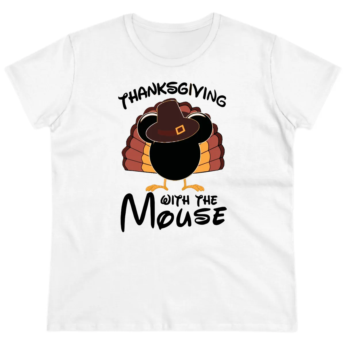 Thanksgiving With The Mouse Turkey Design Ladies Tee in White