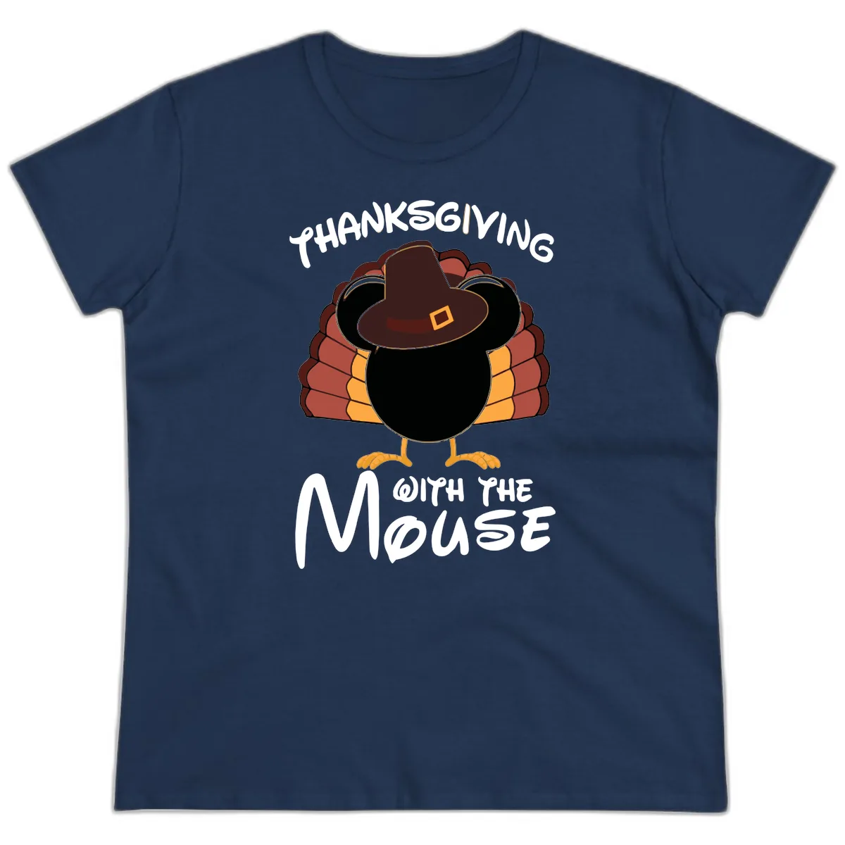 Thanksgiving With The Mouse Turkey Design Ladies Tee in Navy