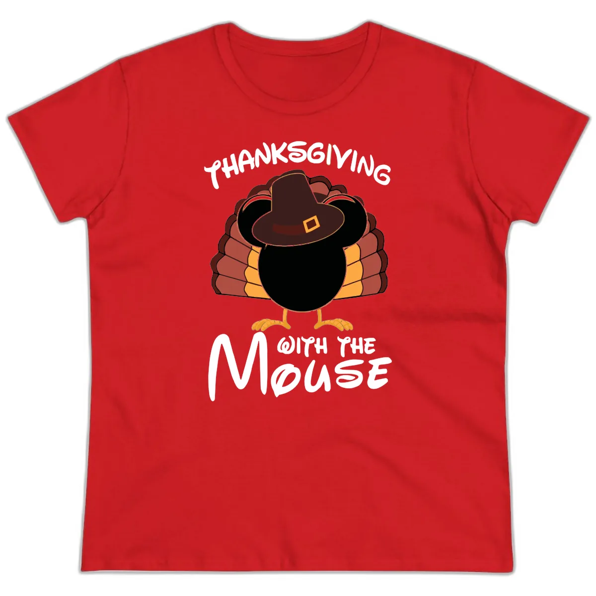Thanksgiving With The Mouse Turkey Design Ladies Tee in Red
