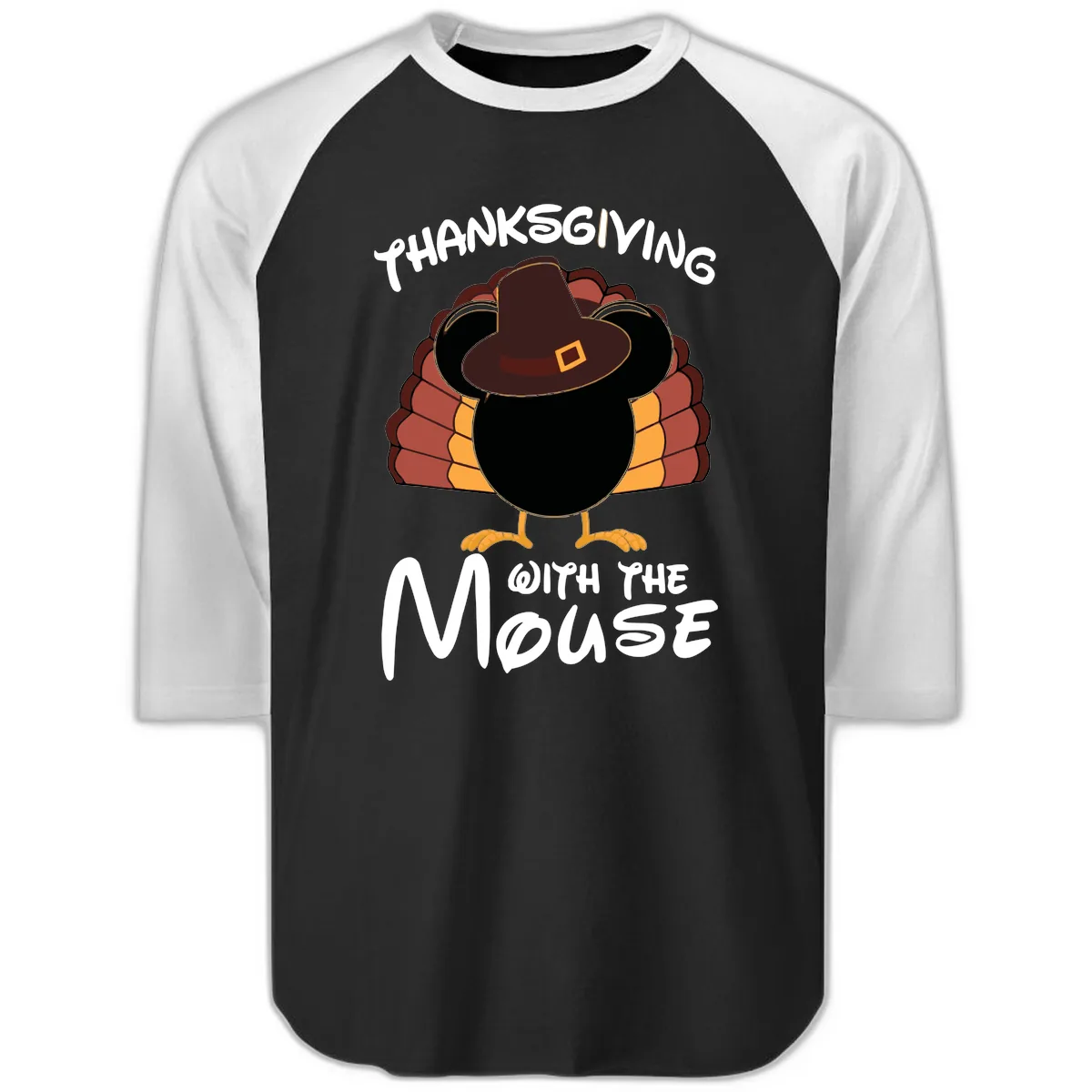 Thanksgiving With The Mouse Turkey Design Raglan 3/4 in Black White