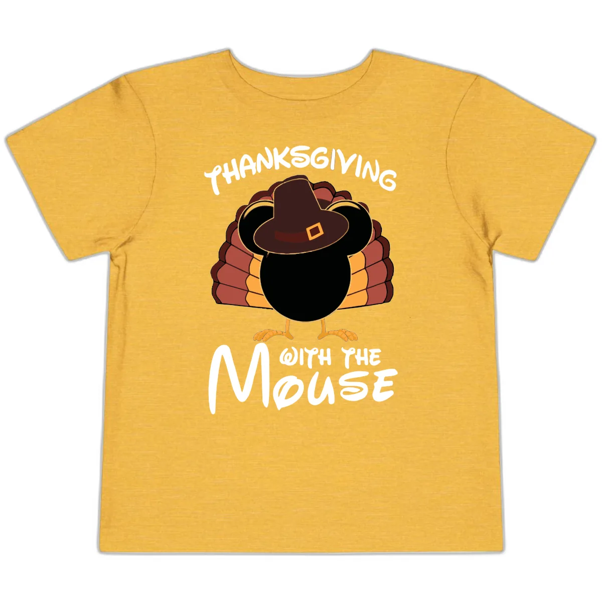 Thanksgiving With The Mouse Turkey Design Toddler T-Shirt in Heather Yellow Gold