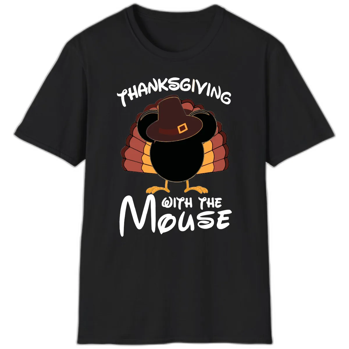 Thanksgiving With The Mouse Turkey Design T-Shirt in Black