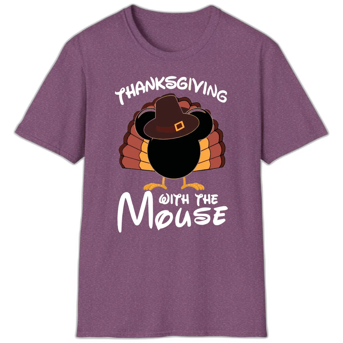 Thanksgiving With The Mouse Turkey Design T-Shirt in Heather Maroon