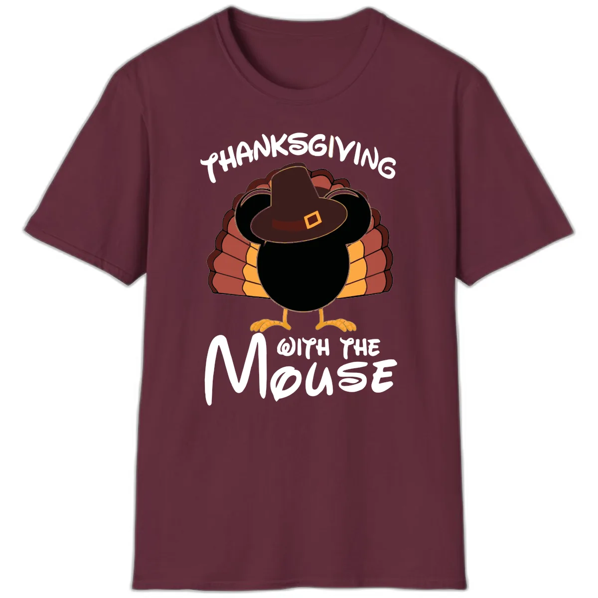 Thanksgiving With The Mouse Turkey Design T-Shirt in Maroon