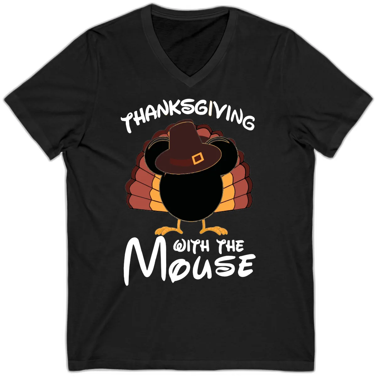 Thanksgiving With The Mouse Turkey Design V-Neck in Black