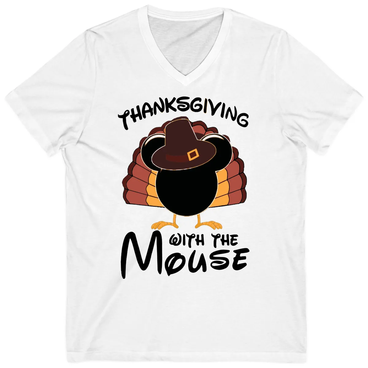 Thanksgiving With The Mouse Turkey Design V-Neck in White