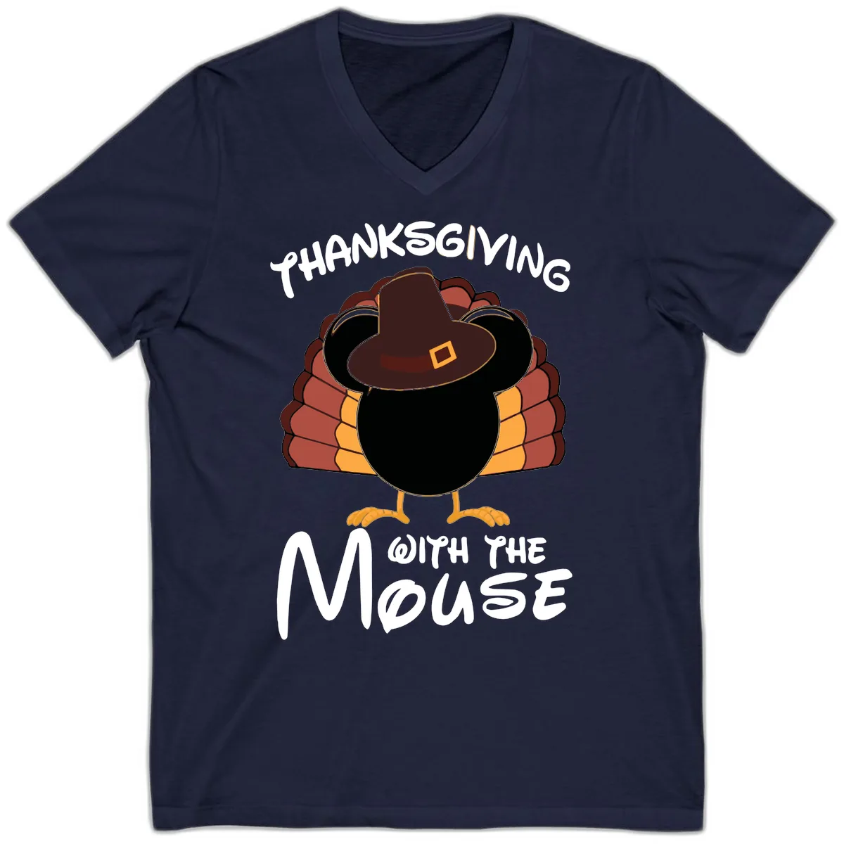 Thanksgiving With The Mouse Turkey Design V-Neck in Navy