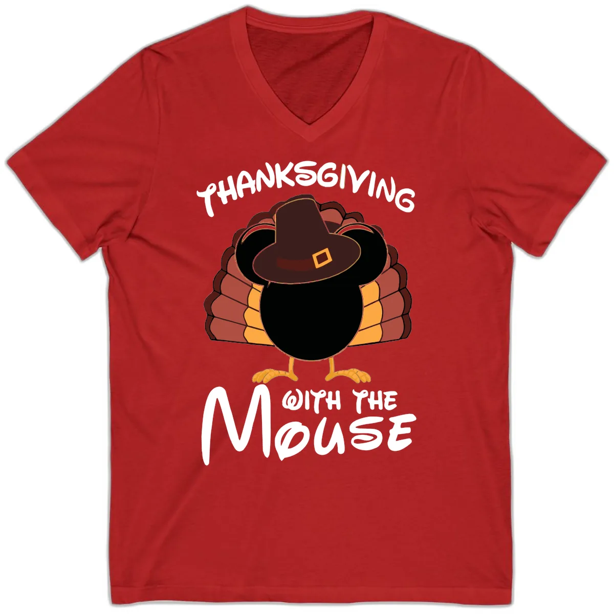 Thanksgiving With The Mouse Turkey Design V-Neck in Red