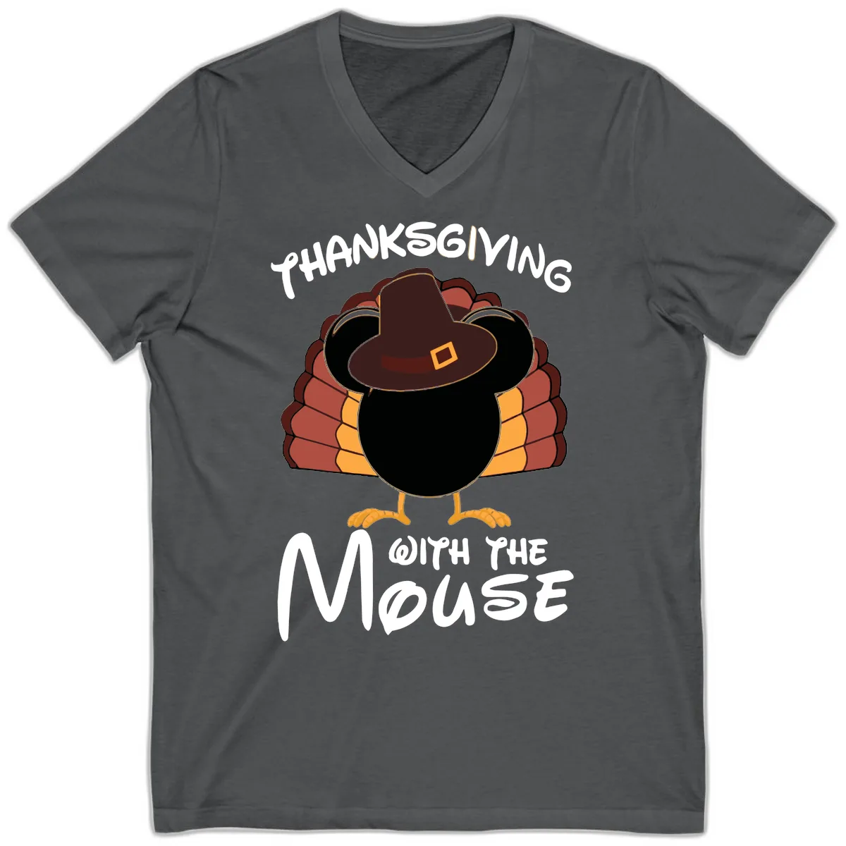 Thanksgiving With The Mouse Turkey Design V-Neck in Asphalt