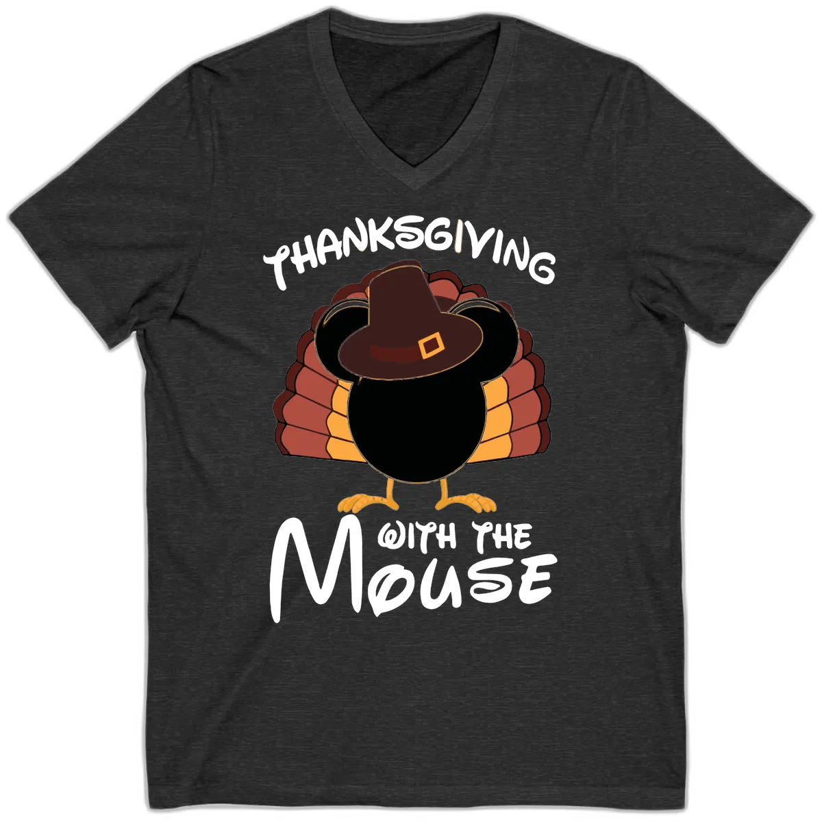Thanksgiving With The Mouse Turkey Design V-Neck in Dark Grey Heather