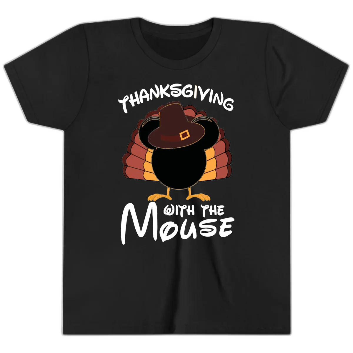 Thanksgiving With The Mouse Turkey Design Youth T-Shirt in Black