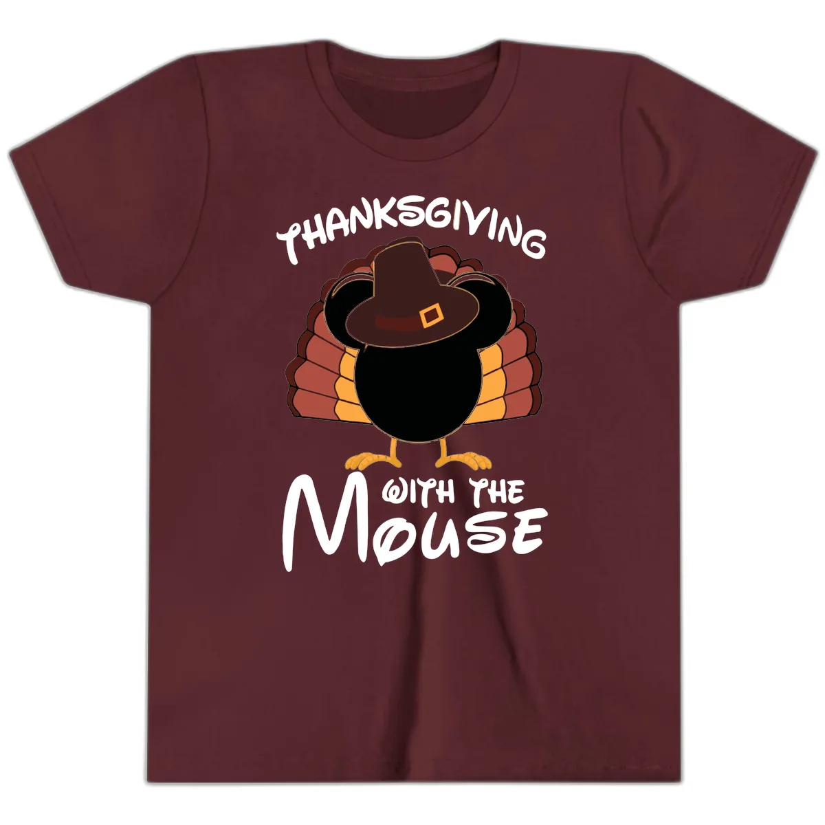Thanksgiving With The Mouse Turkey Design Youth T-Shirt in Maroon