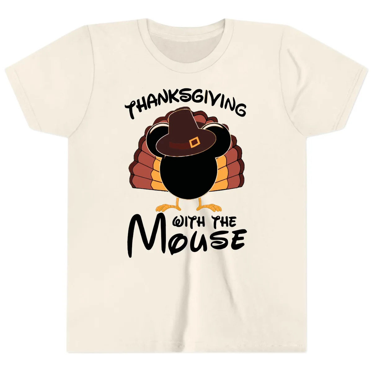 Thanksgiving With The Mouse Turkey Design Youth T-Shirt in Natural