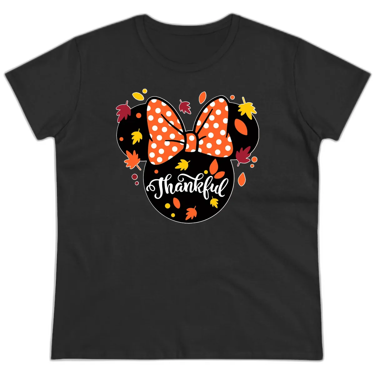 Minnie Thankful Fall Leaves Ladies Tee in Black