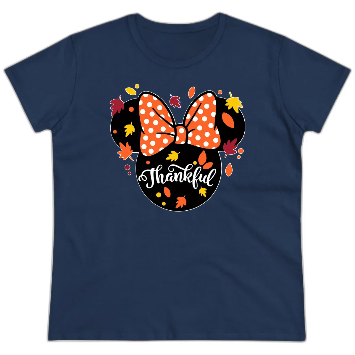 Minnie Thankful Fall Leaves Ladies Tee in Navy