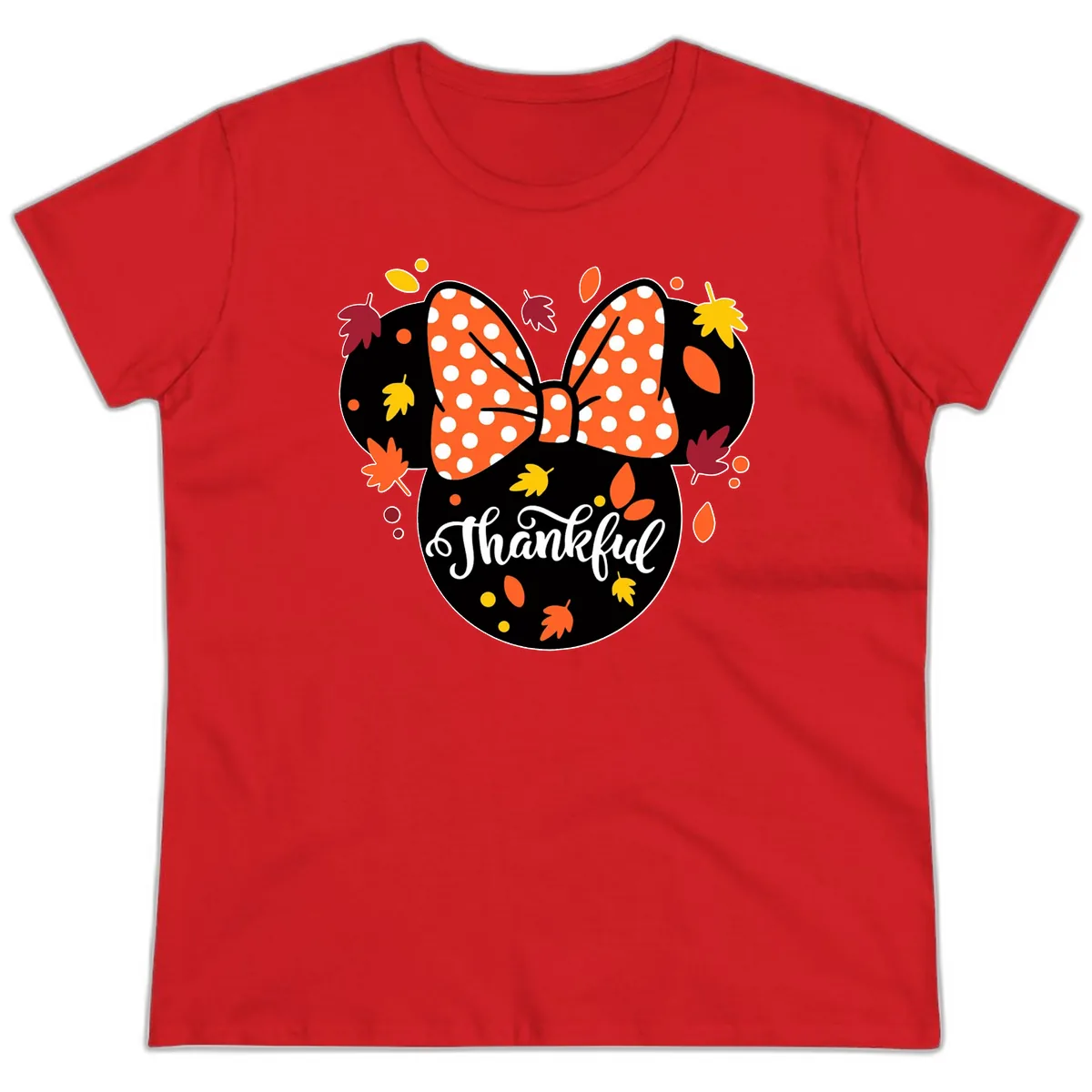 Minnie Thankful Fall Leaves Ladies Tee in Red