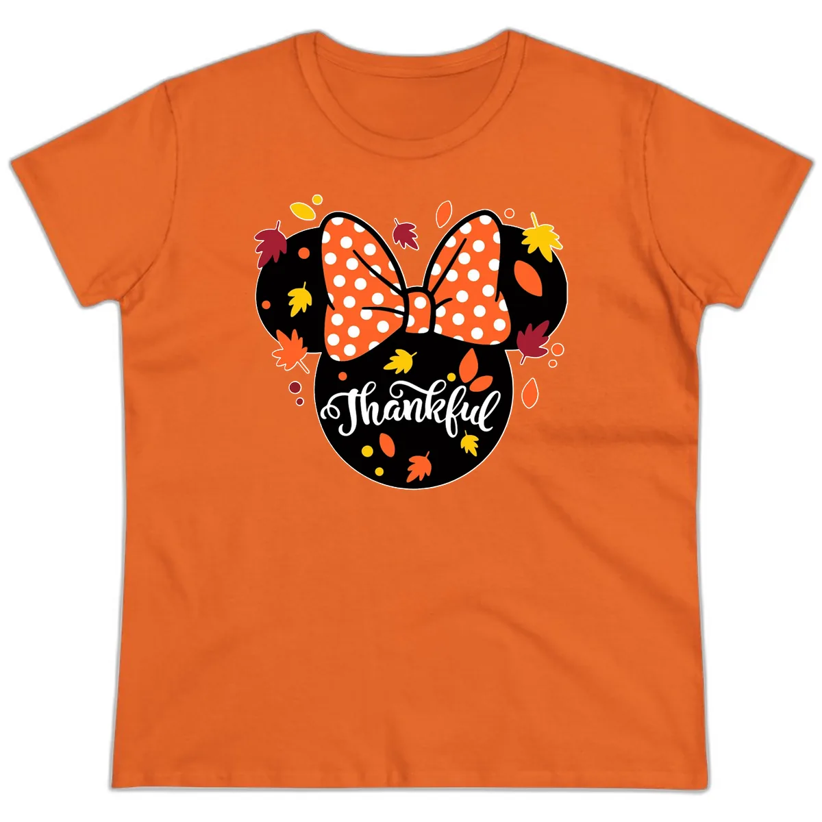 Minnie Thankful Fall Leaves Ladies Tee in Orange