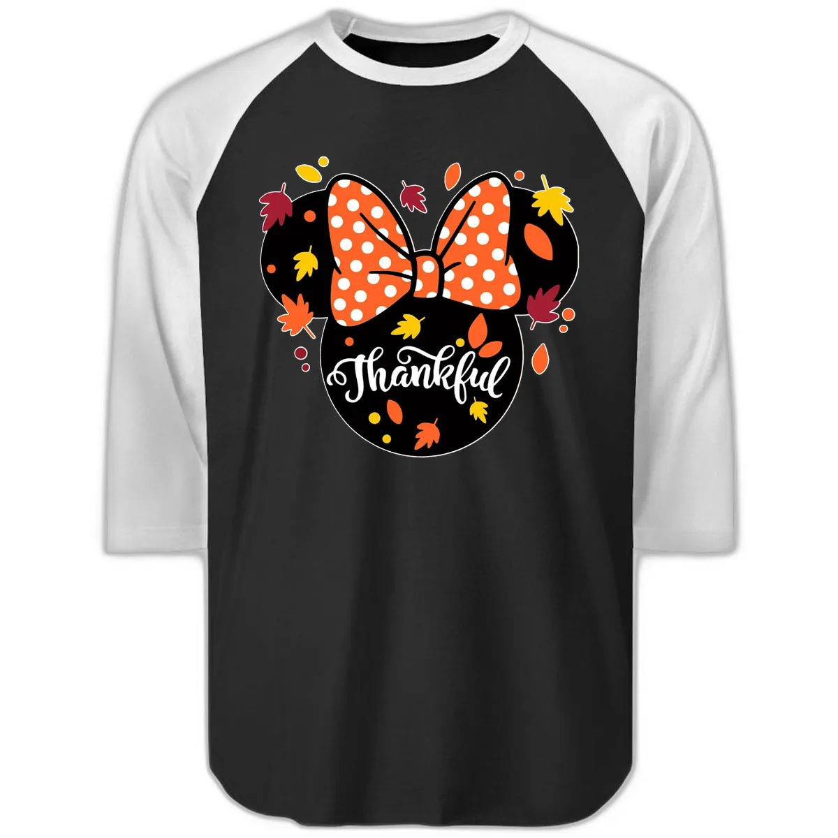 Minnie Thankful Fall Leaves Raglan 3/4 in Black White